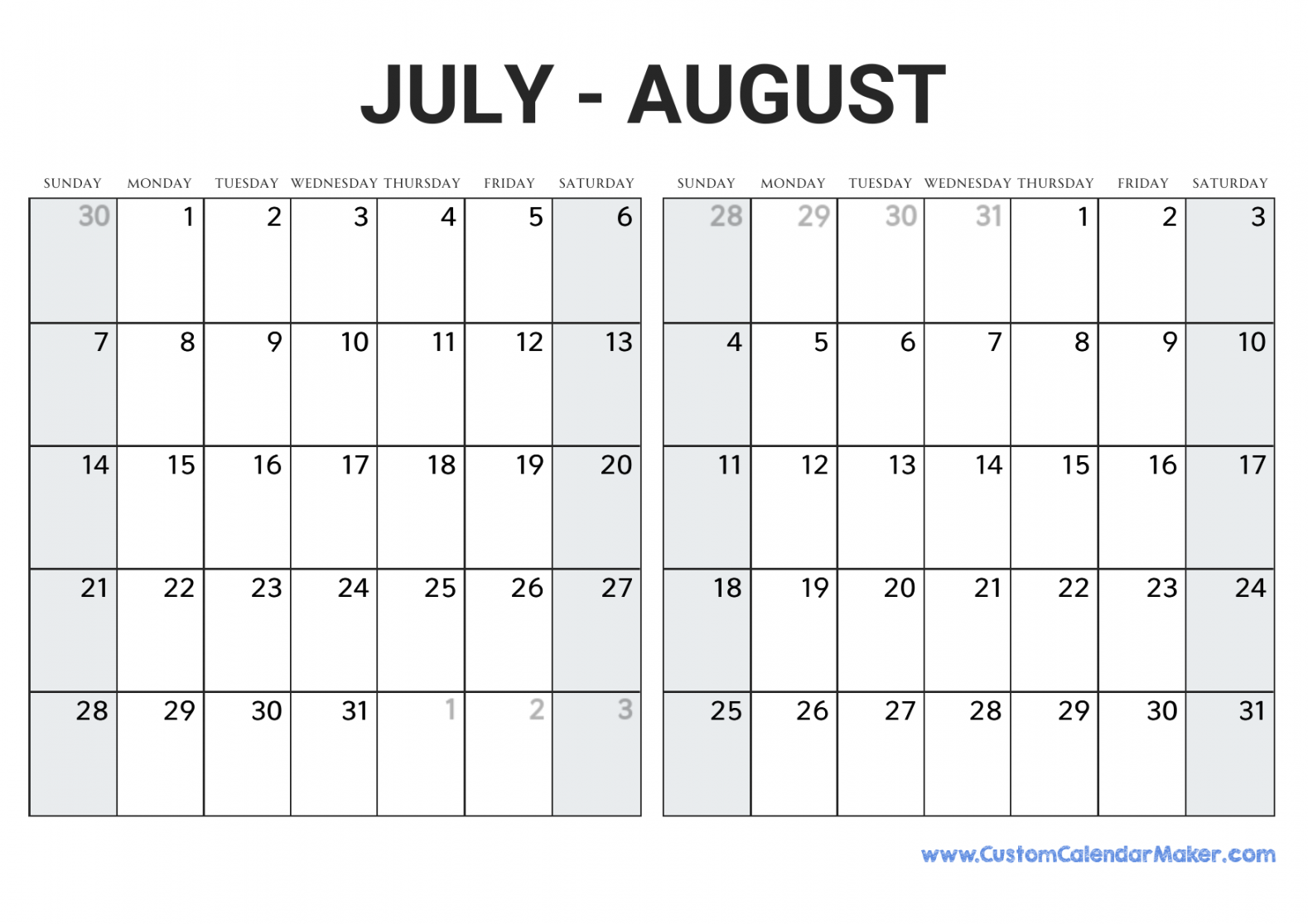 July and August Printable Calendar Template