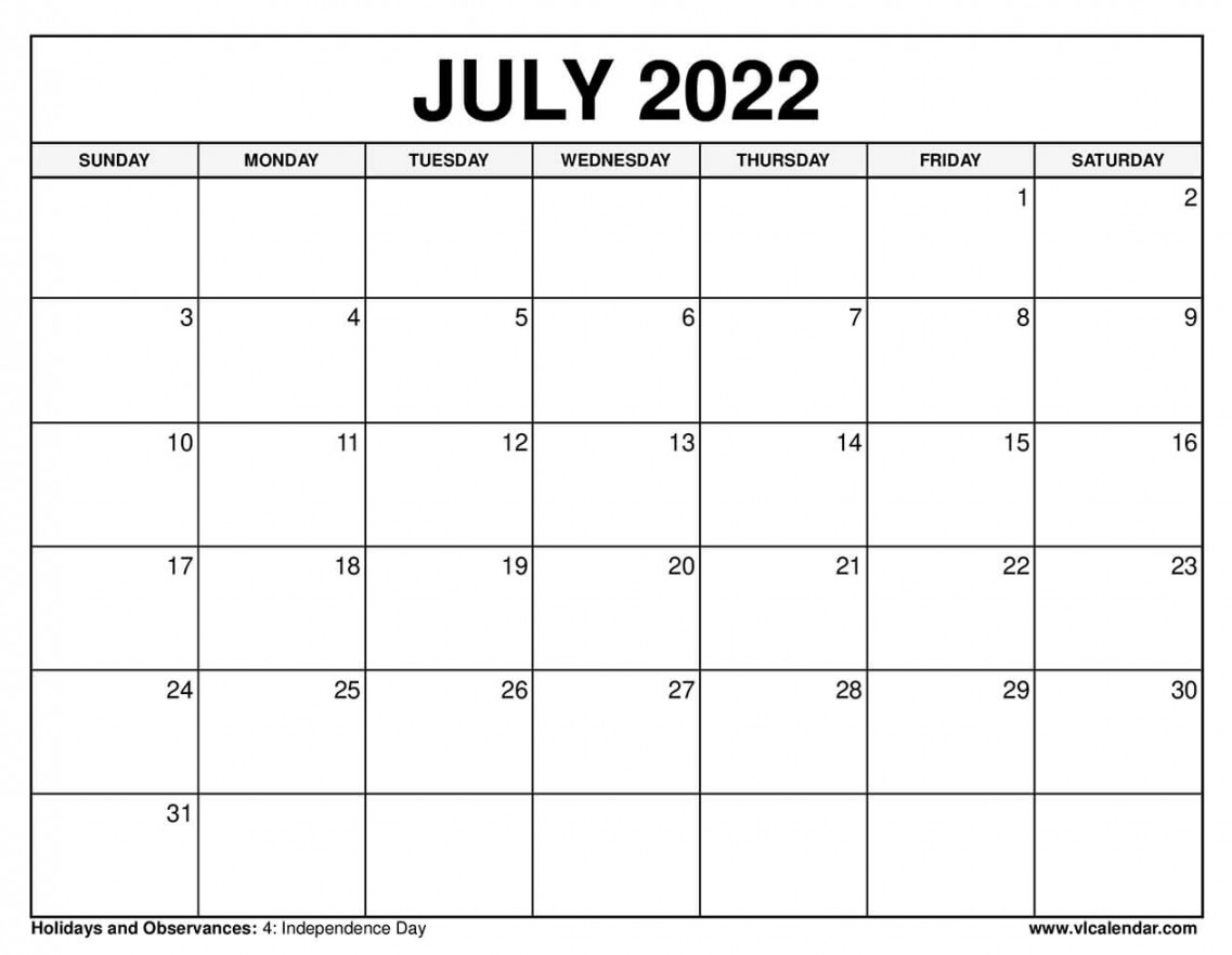 July Calendar Printable Templates with Holidays
