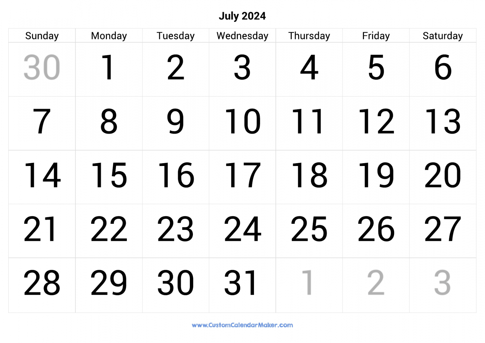 July Calendar Printable With Large Numbers
