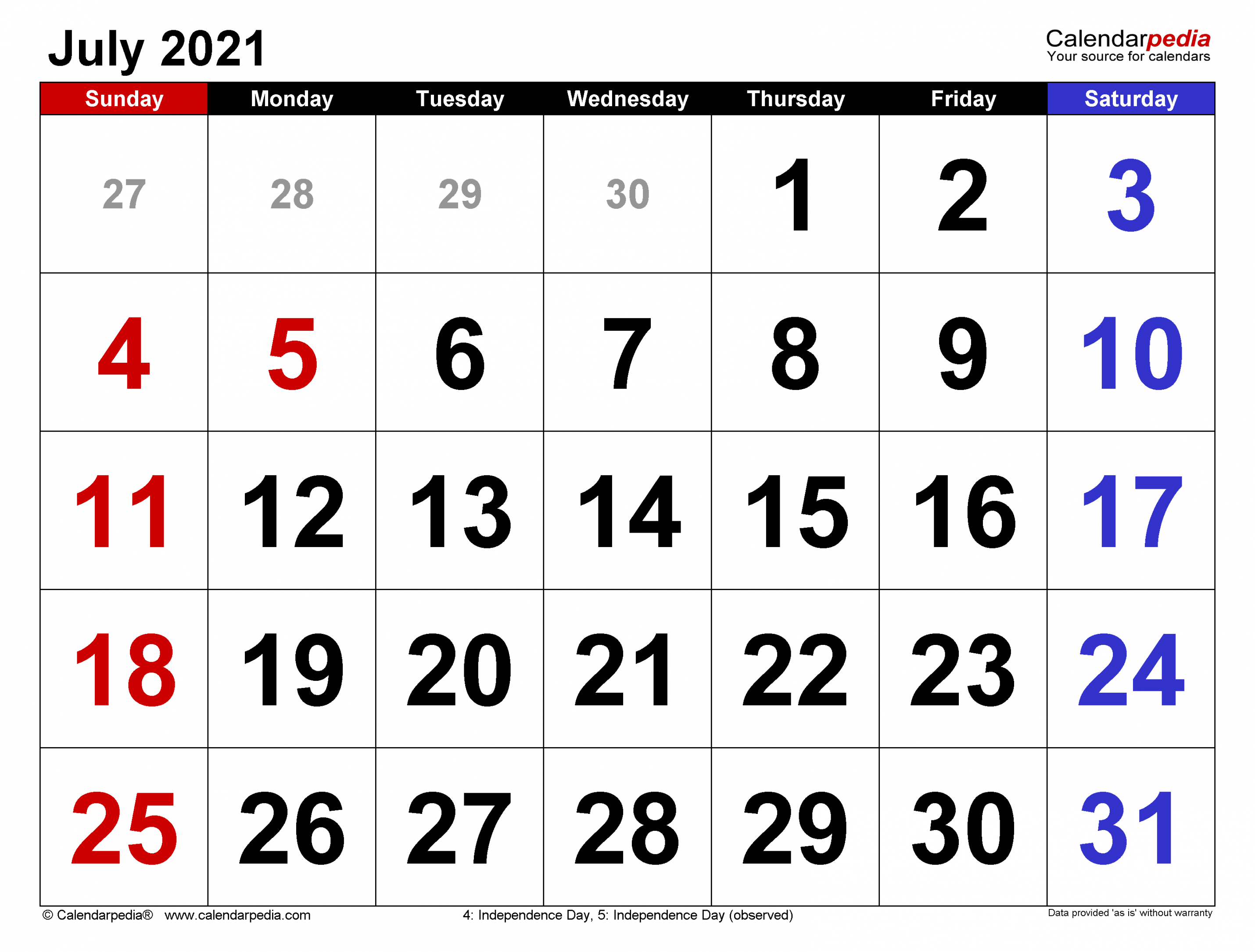 July Calendar Templates for Word, Excel and PDF