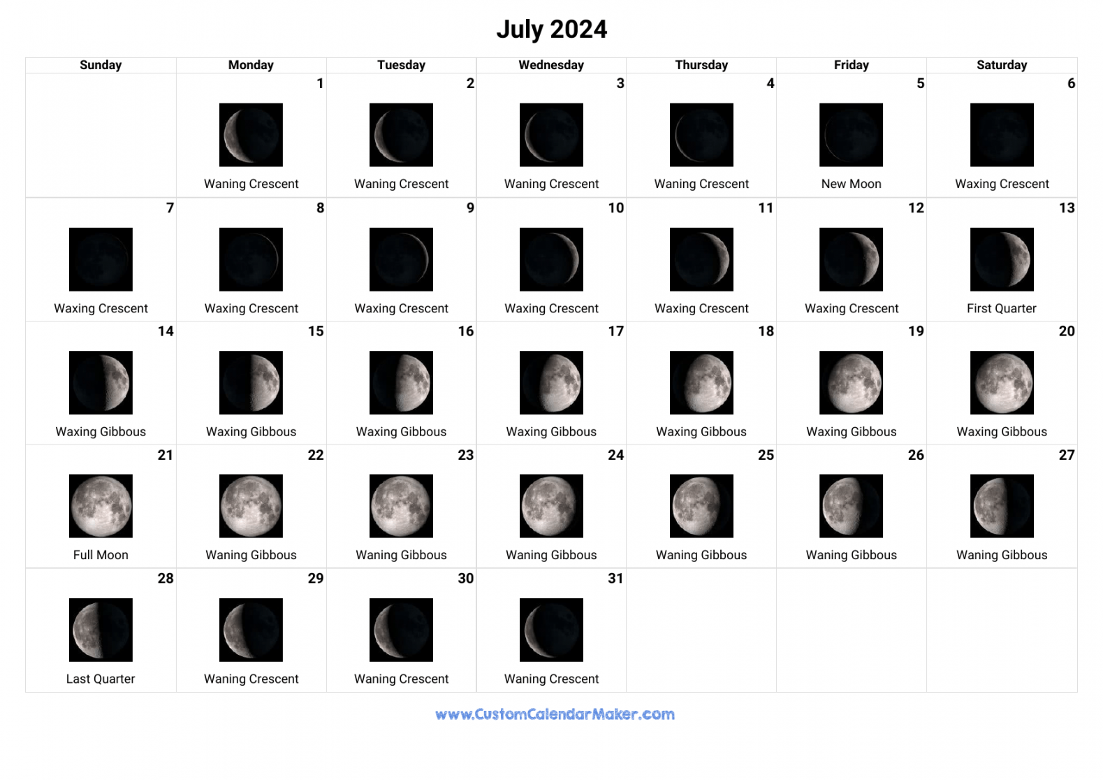 July Moon Phases Calendar
