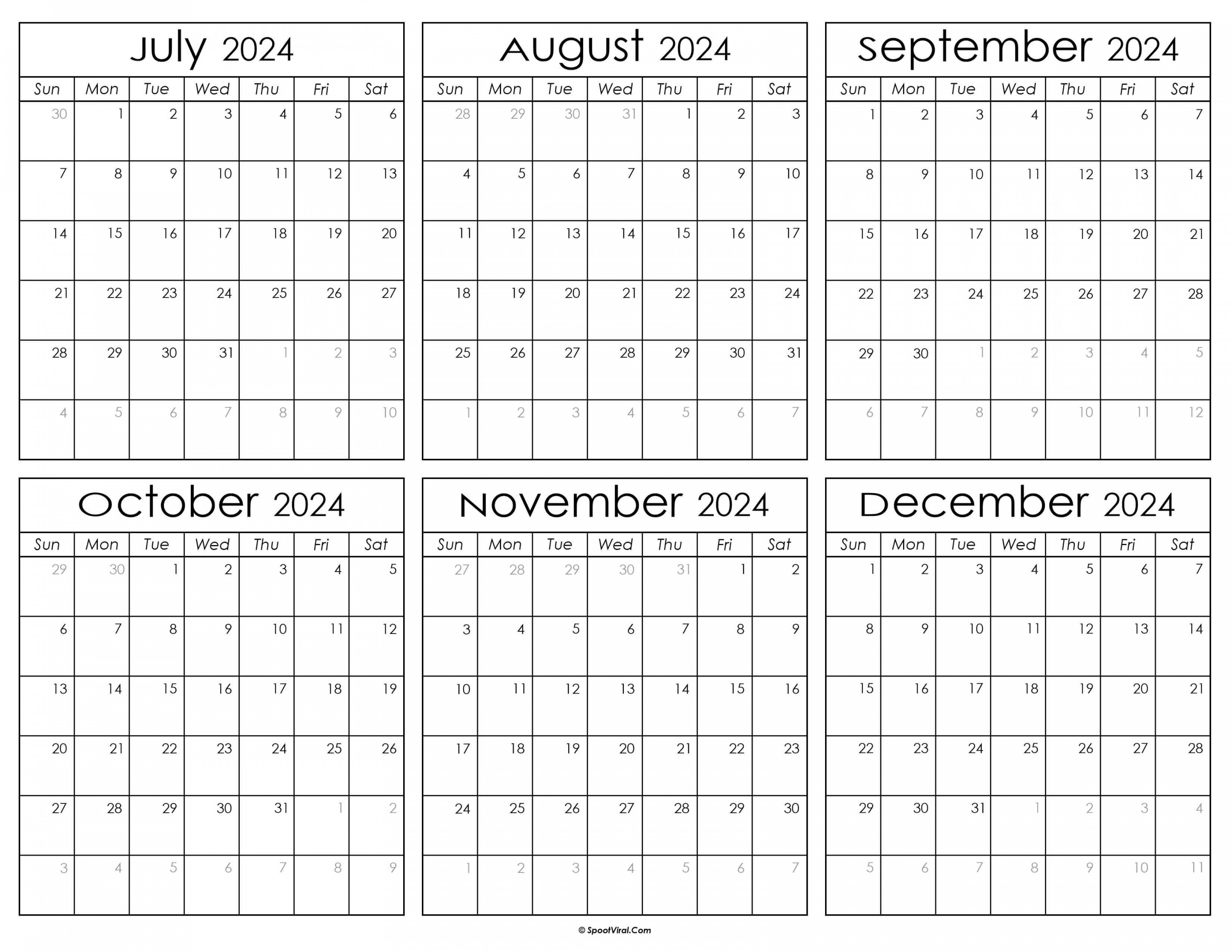 July to December Calendar Templates