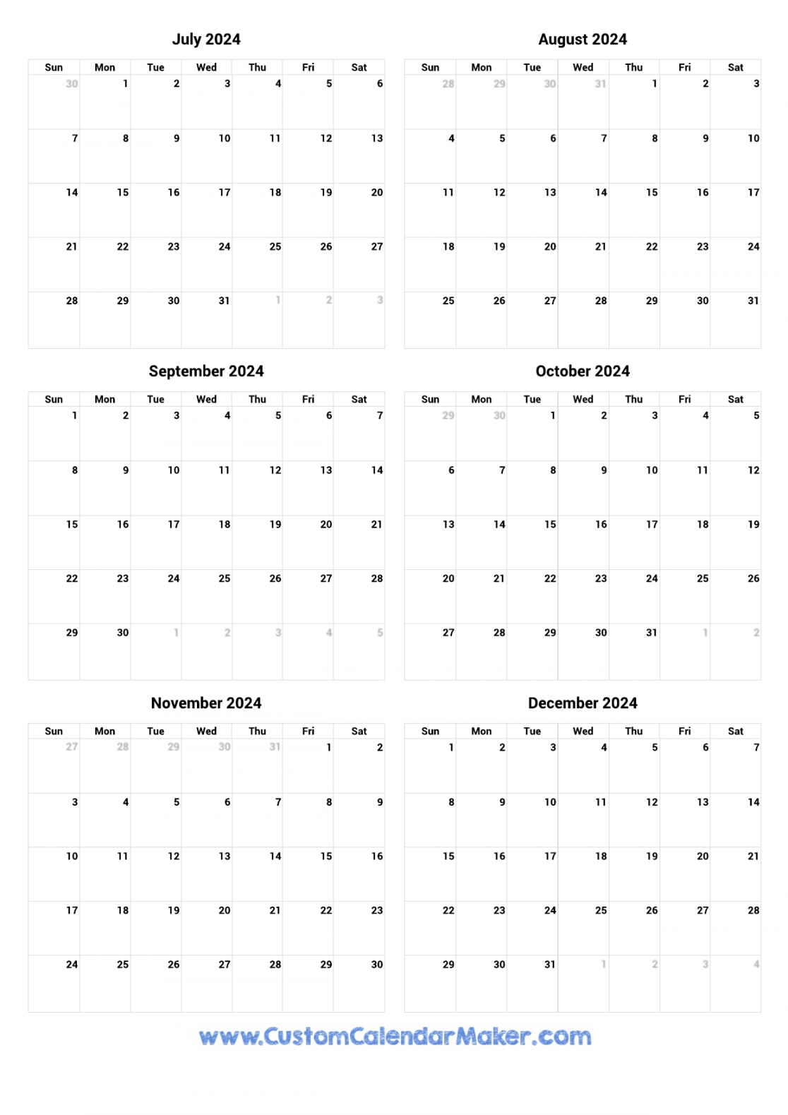 July to December Printable Calendar