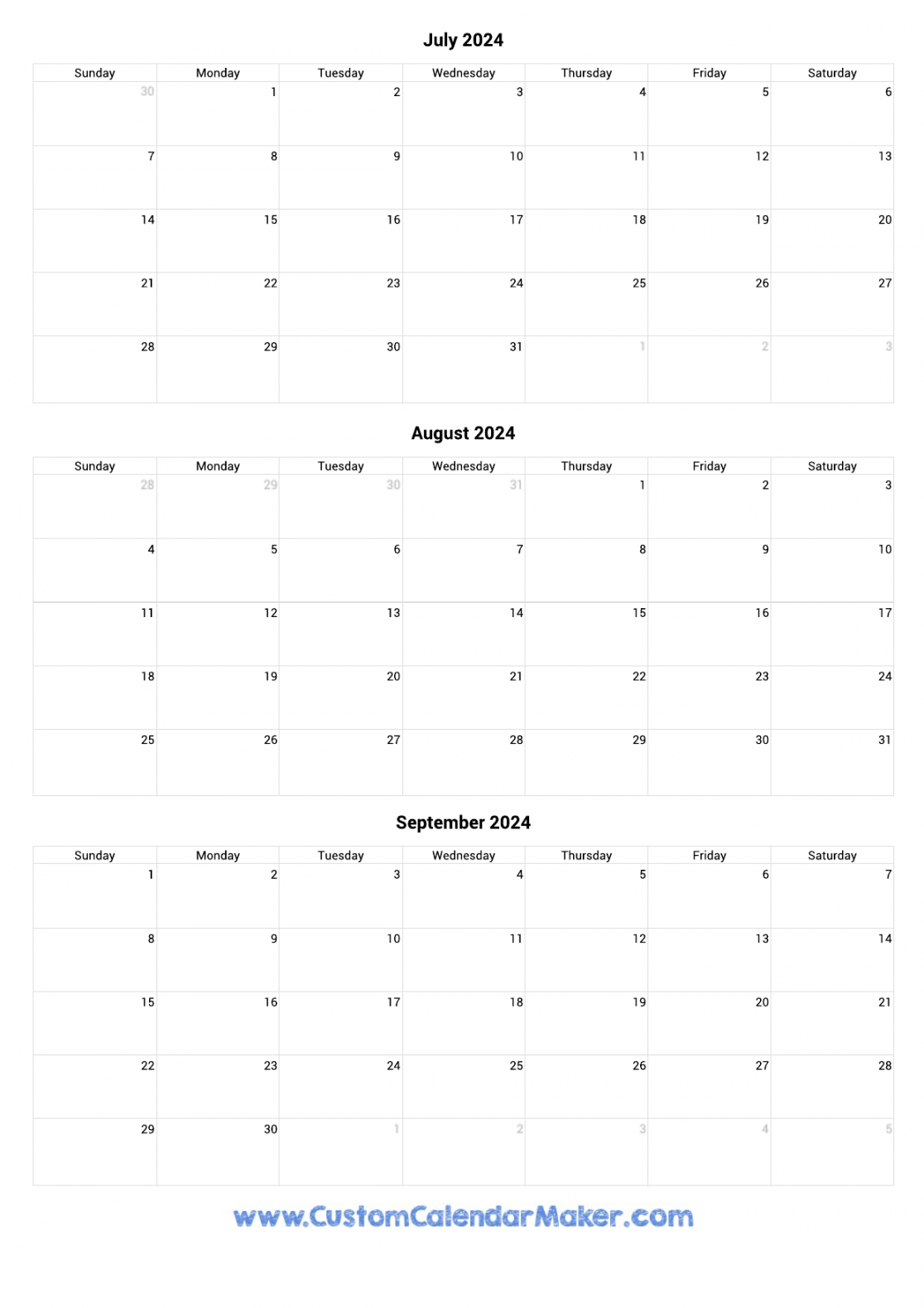 July to September Calendar Printable