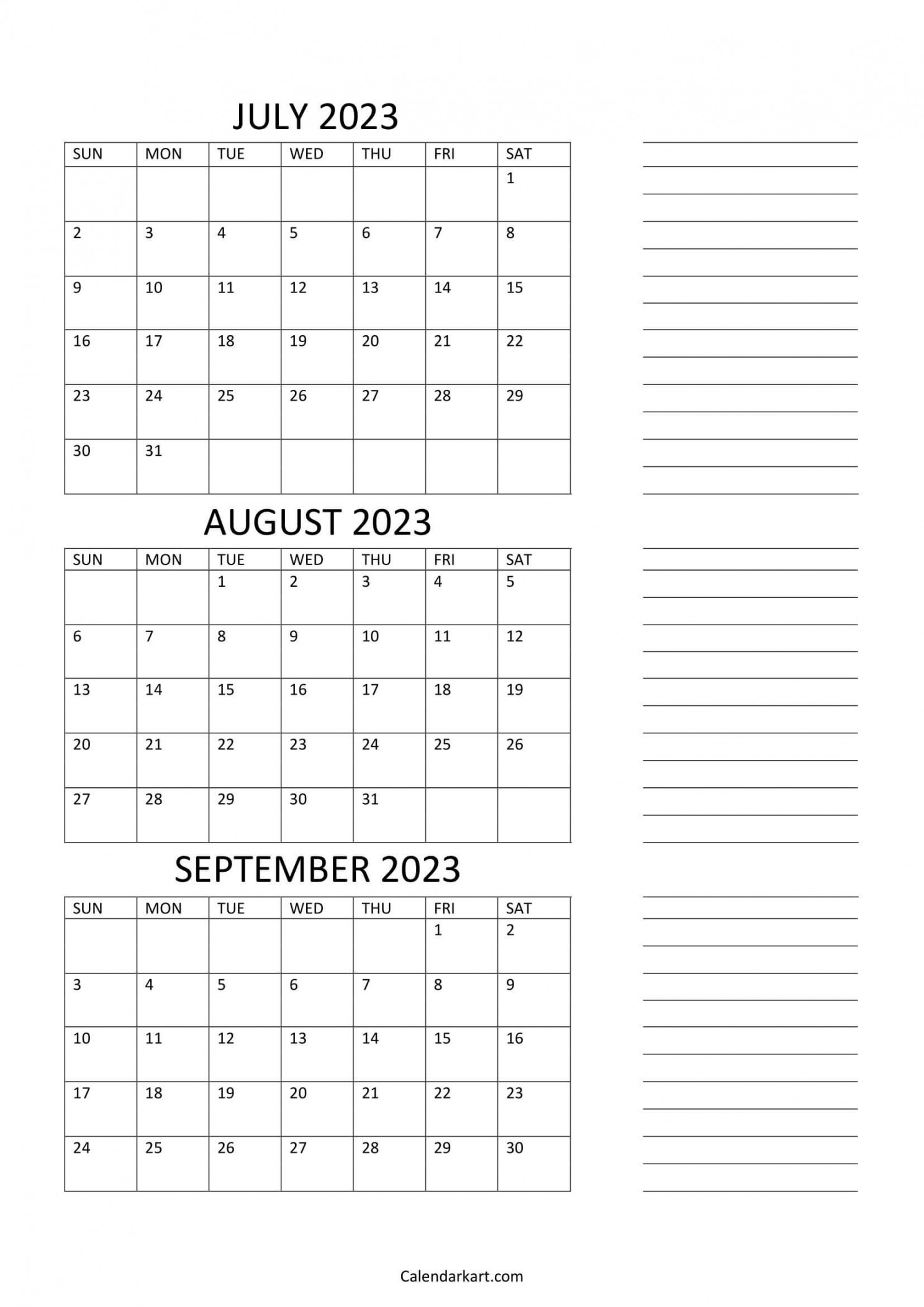 July to September Calendar (Q) CalendarKart
