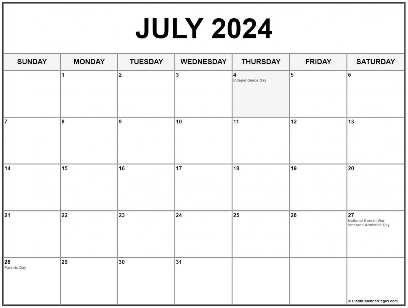 July with holidays calendar