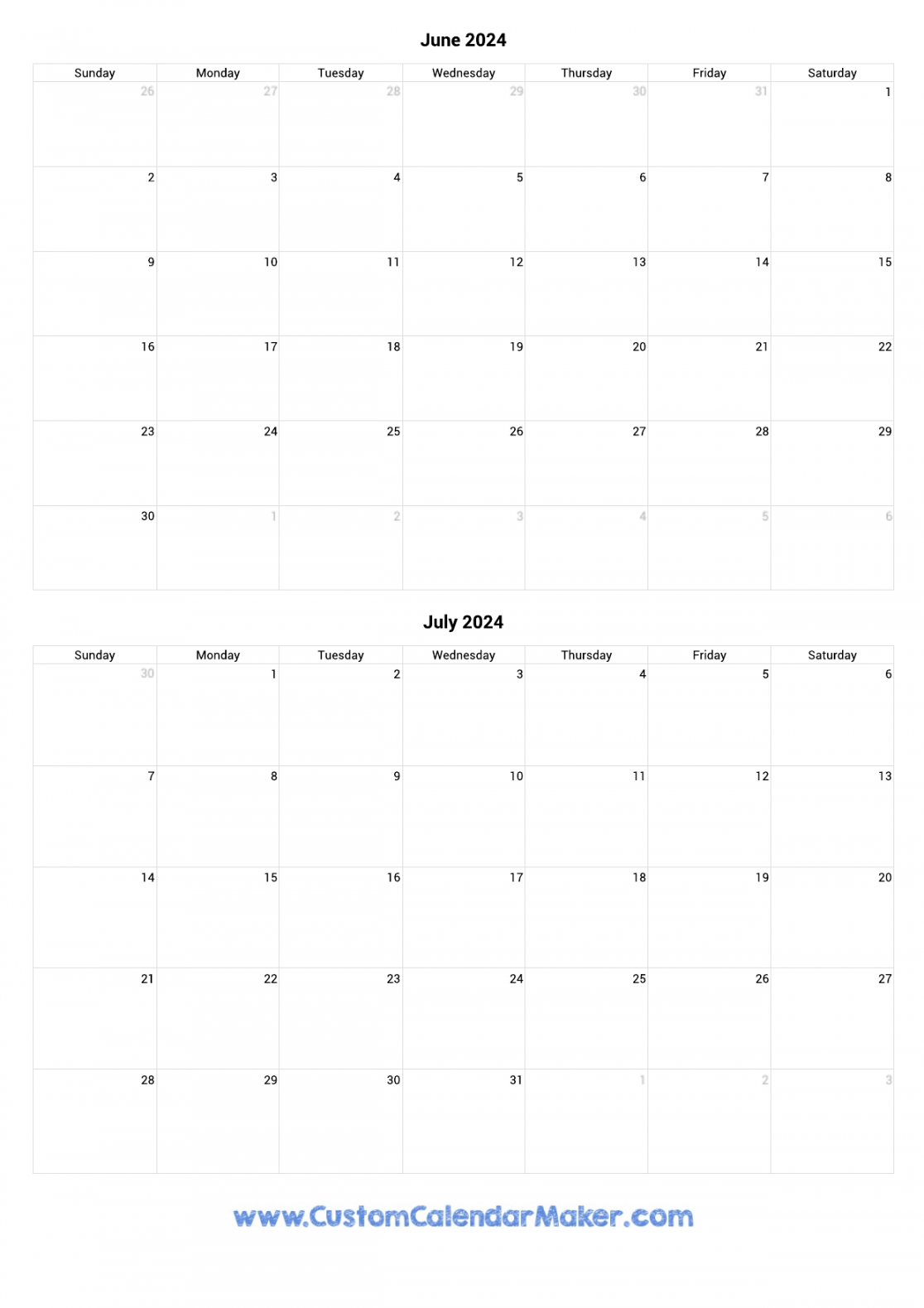 June and July Printable Calendar Template