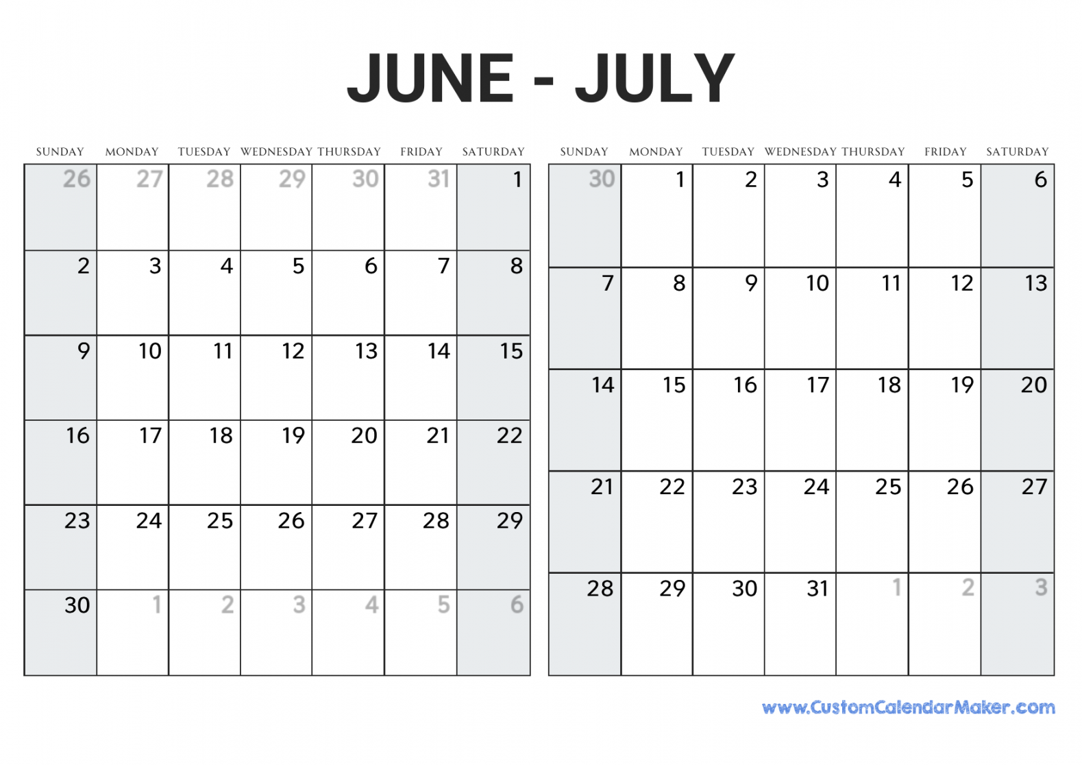 June and July Printable Calendar Template