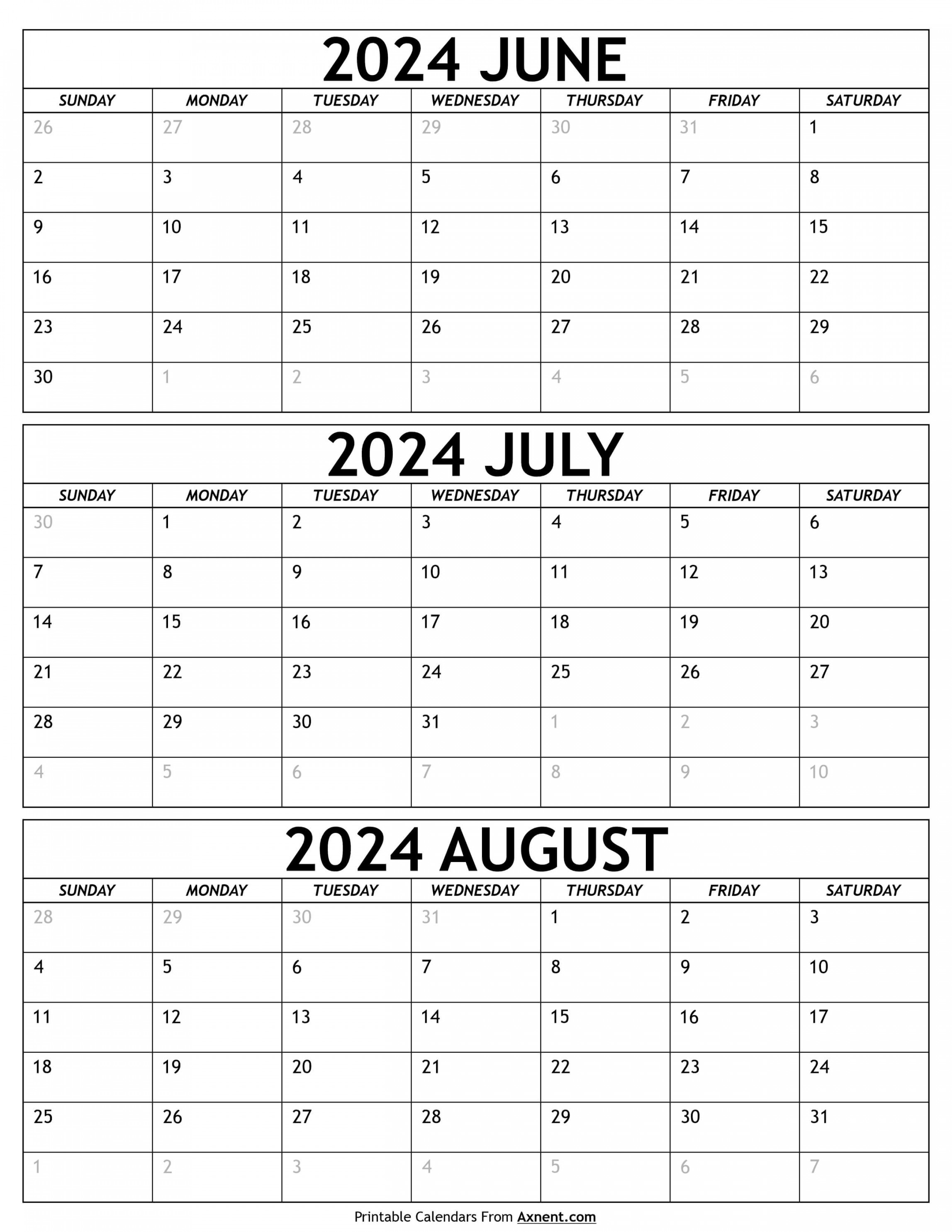 June To August Calendar Templates Three Months