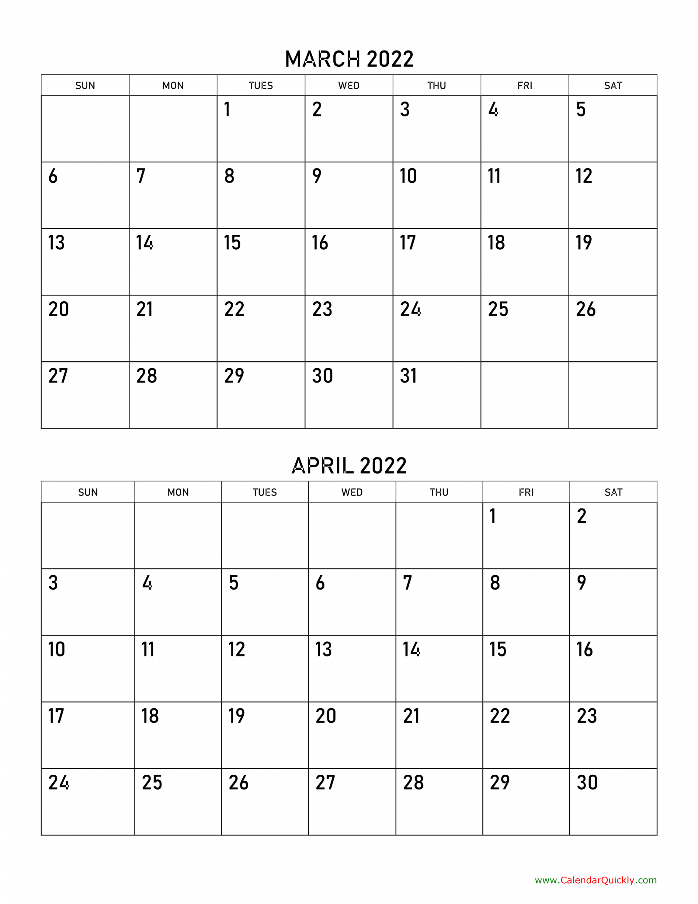 March and April Calendar Calendar Quickly