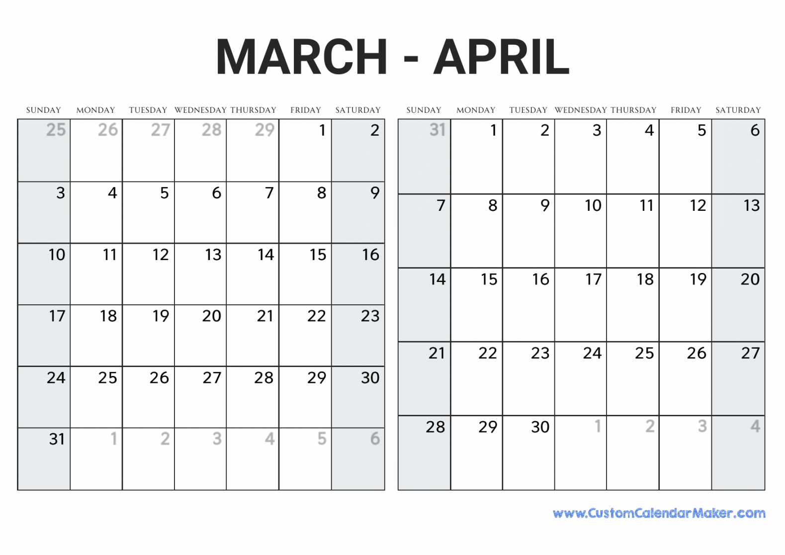 March and April Printable Calendar Template