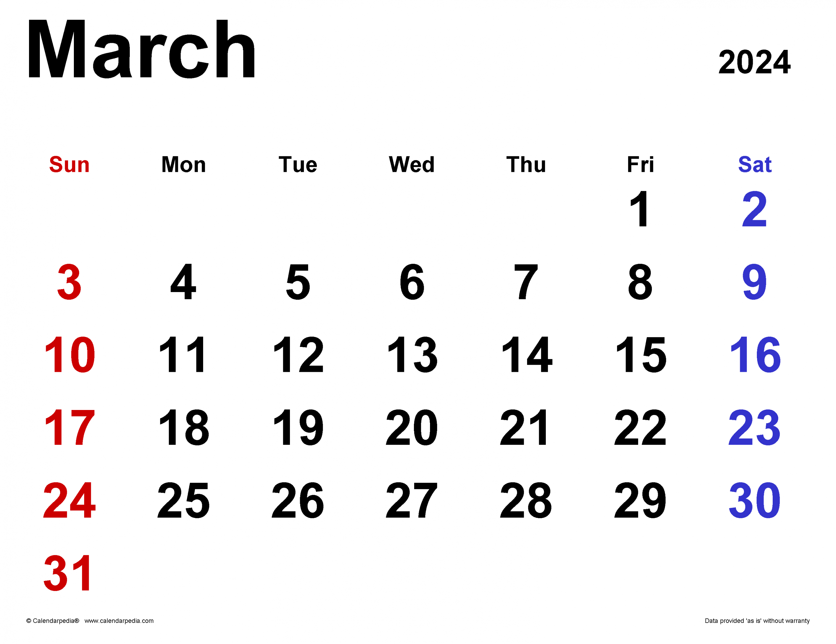 March Calendar Templates for Word, Excel and PDF