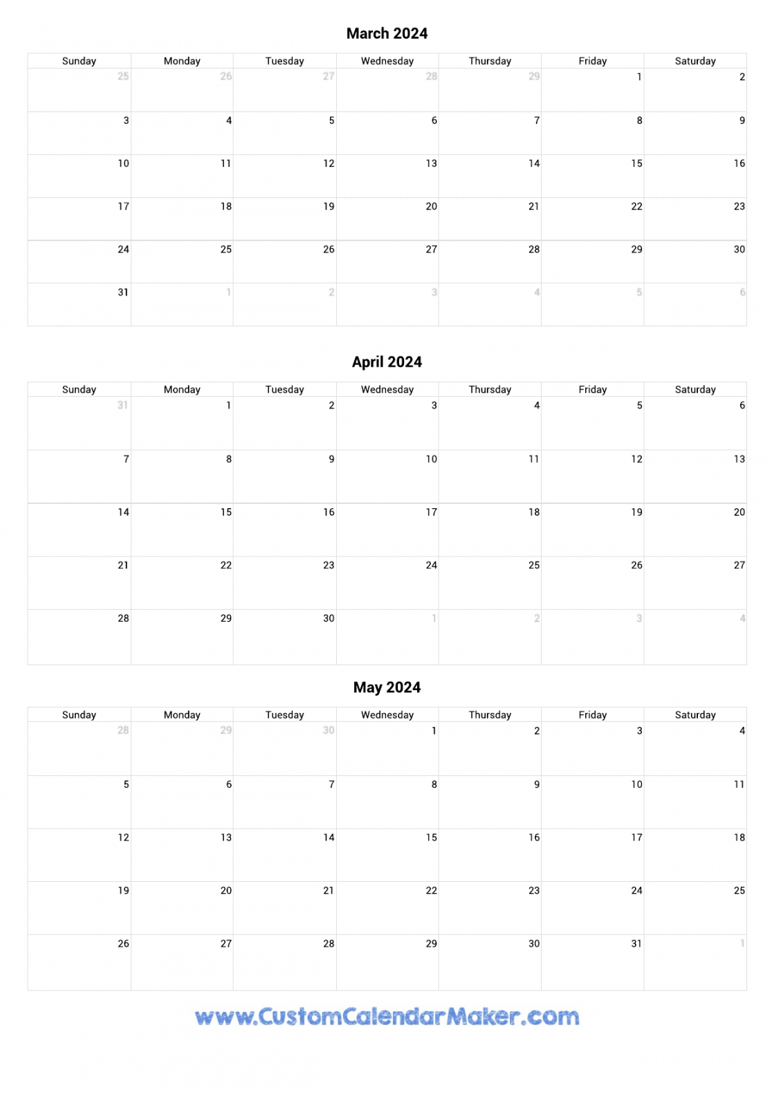 March to May Calendar Printable