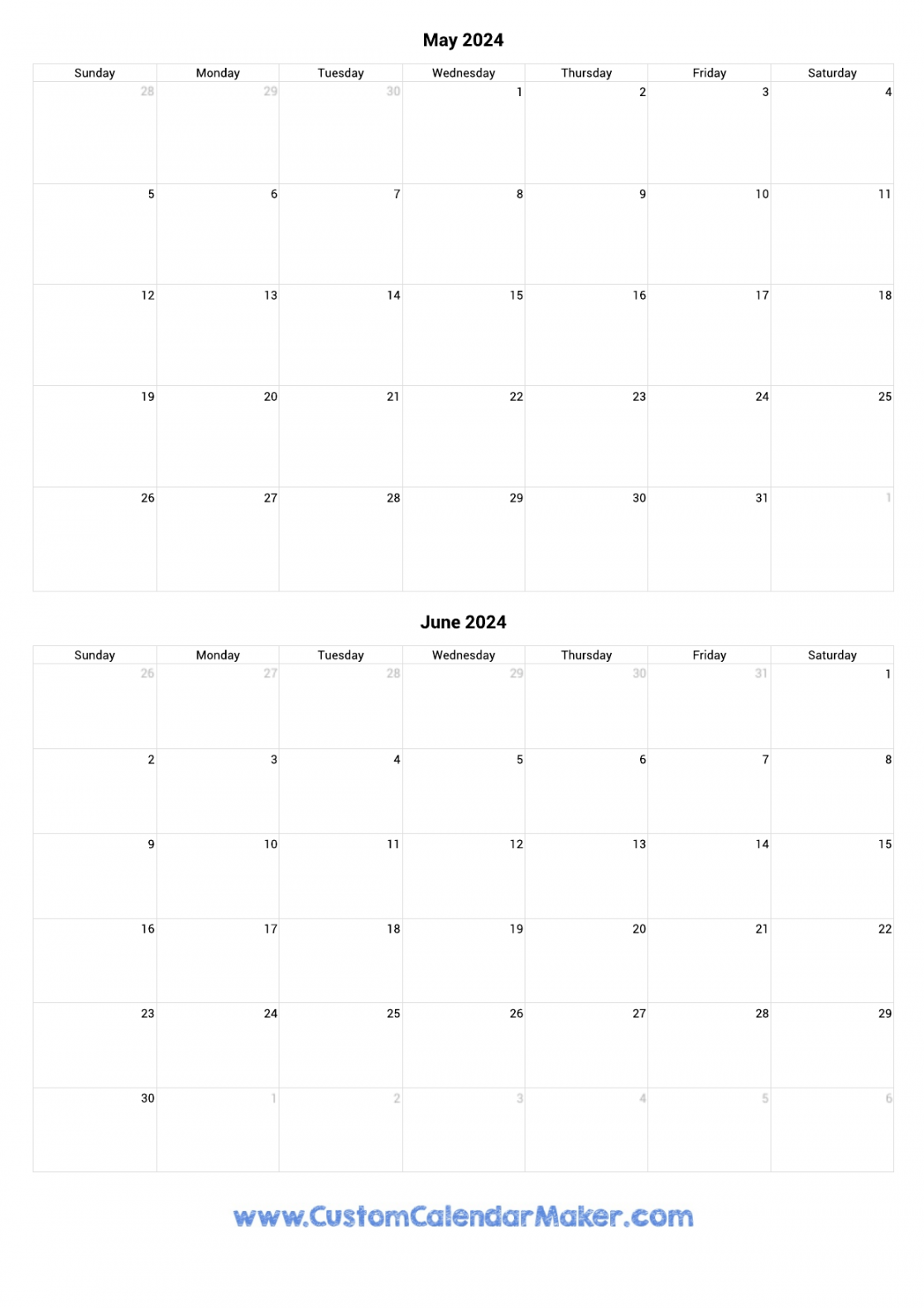 May and June Printable Calendar Template