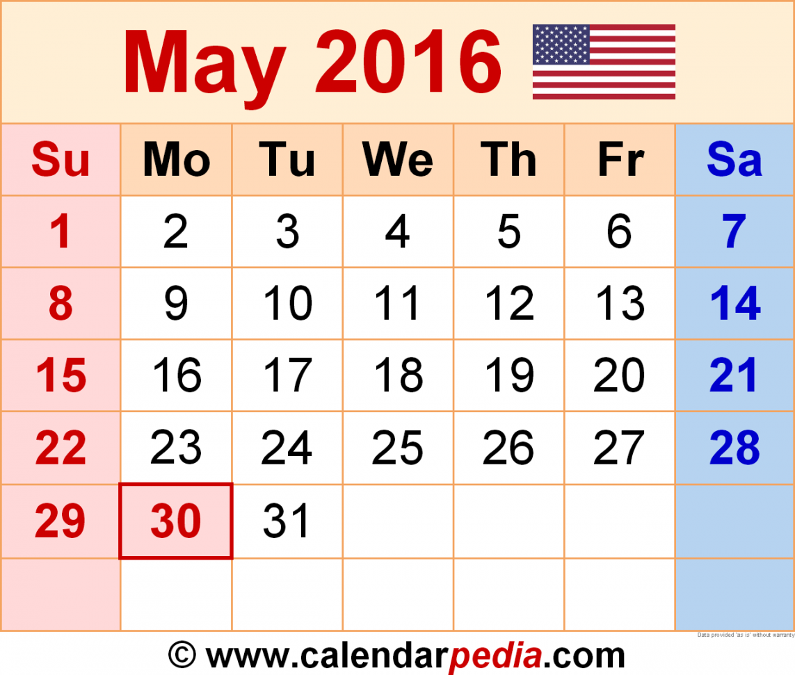 May Calendar Templates for Word, Excel and PDF