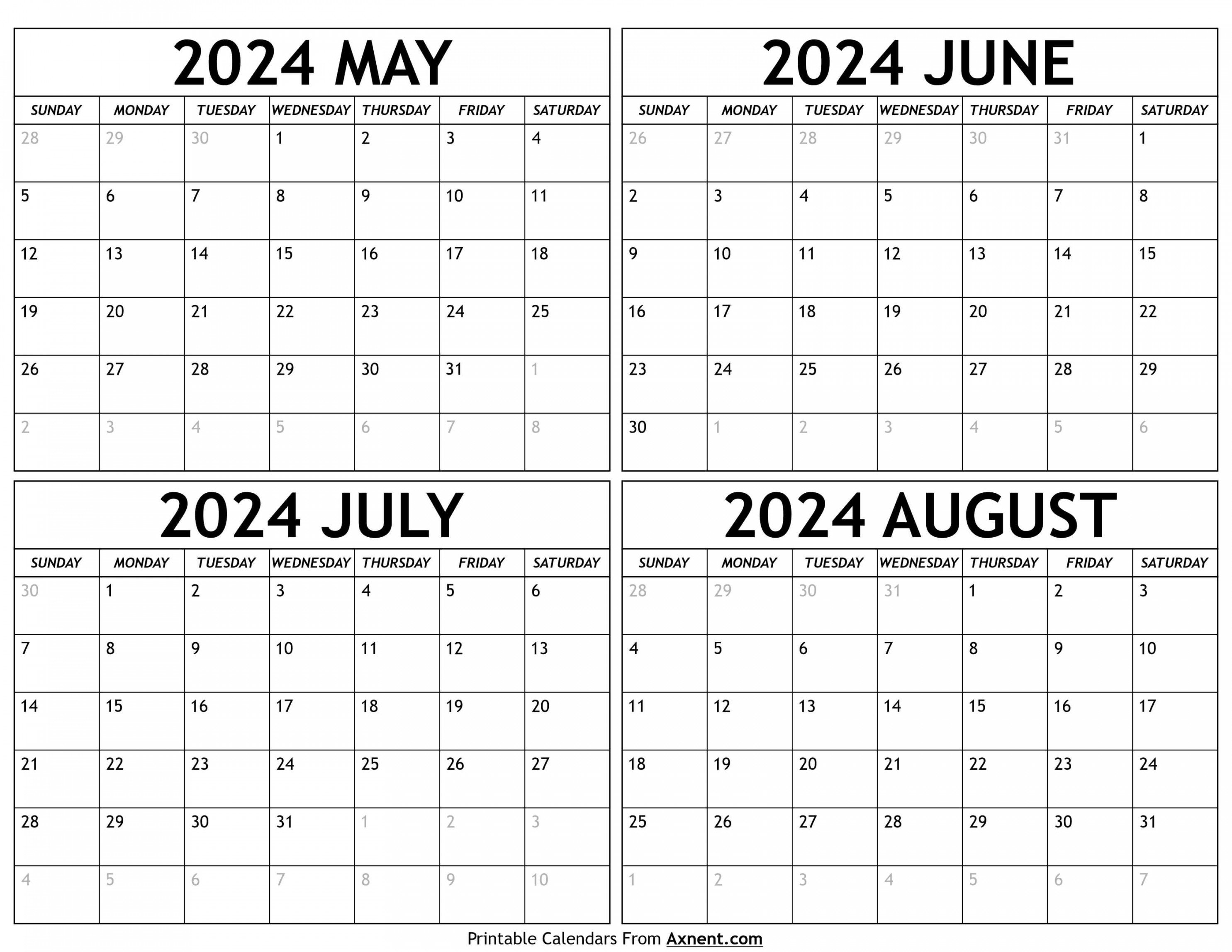 May To August Calendar Templates Four Months
