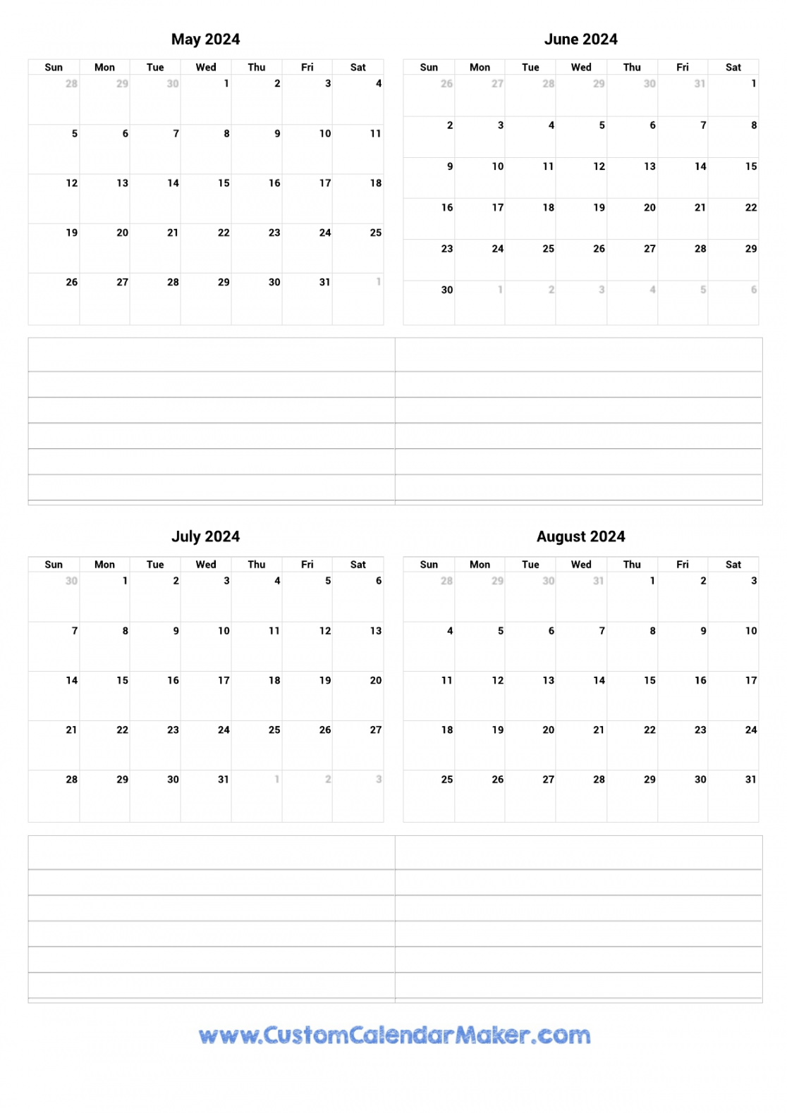 May to August Printable Calendar