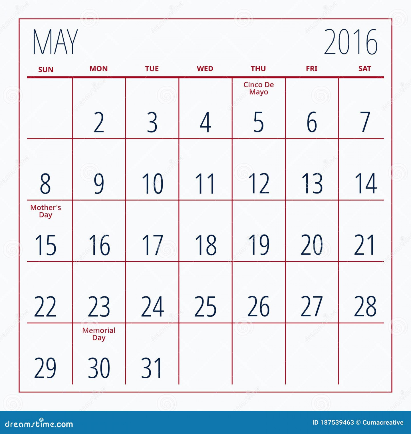 Memorial Day in Month of May Calendar Stock Vector