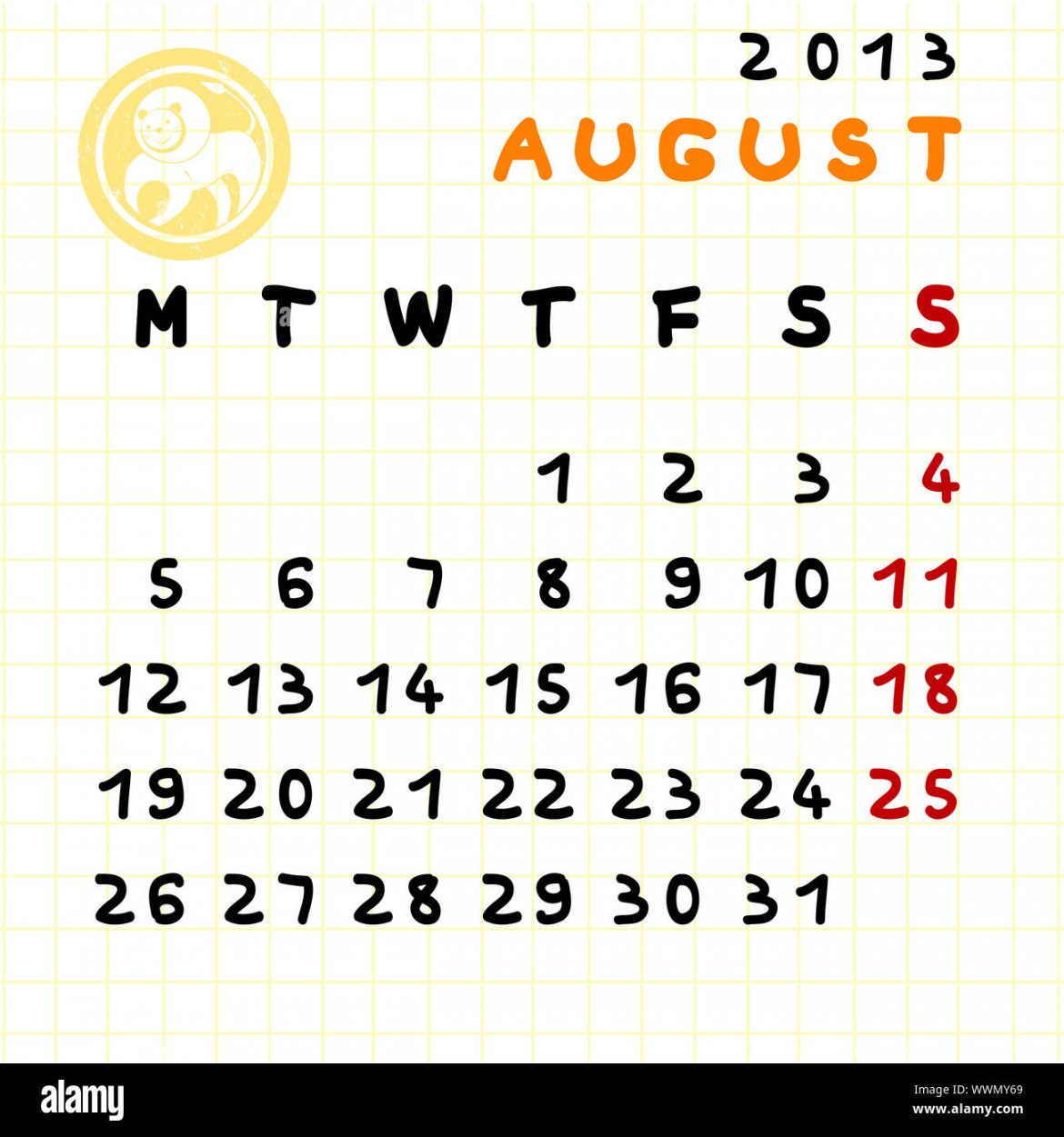 monthly calendar August with Leo zodiac sign stamp Stock