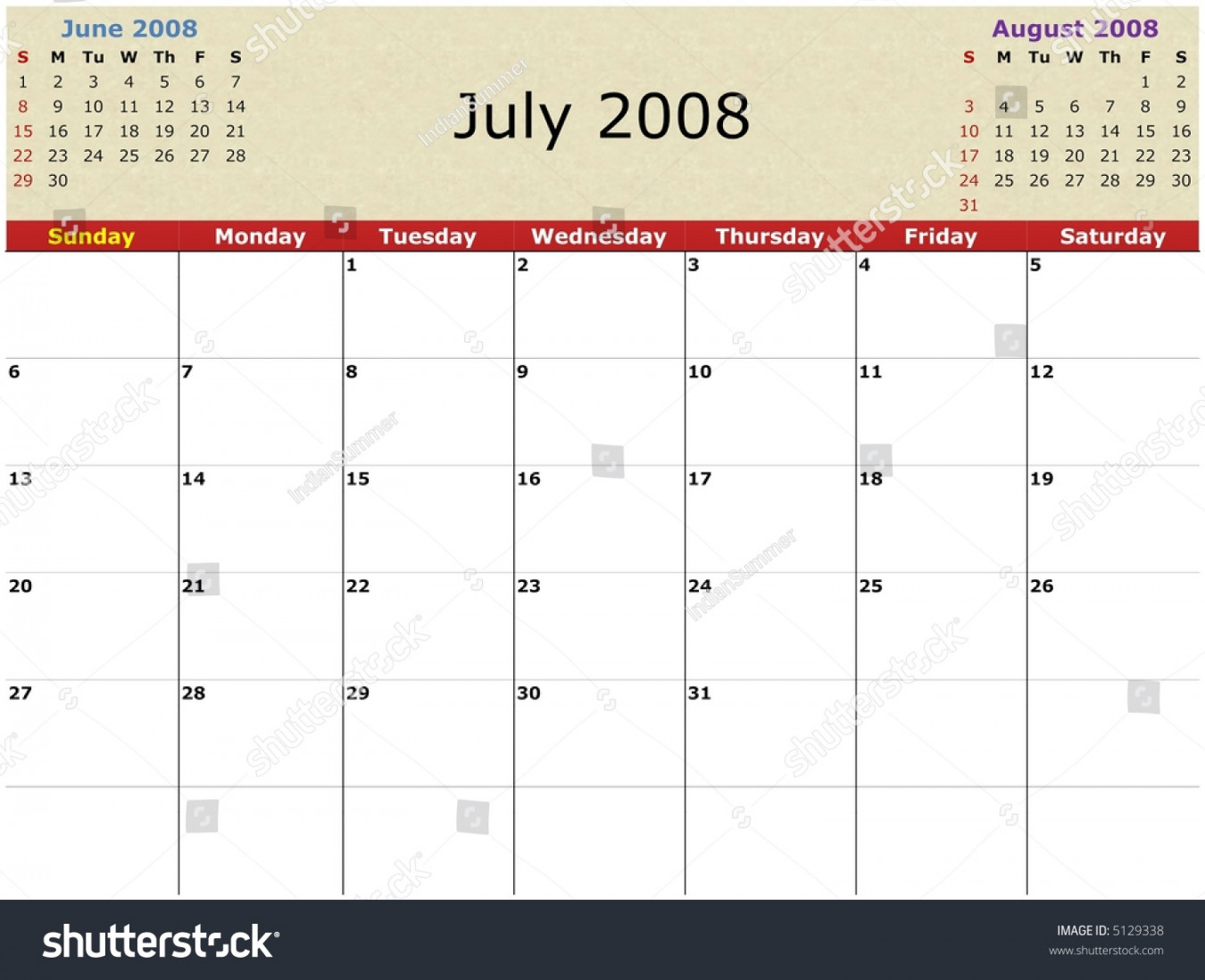Monthly Calendar July Previous Next Stock Illustration