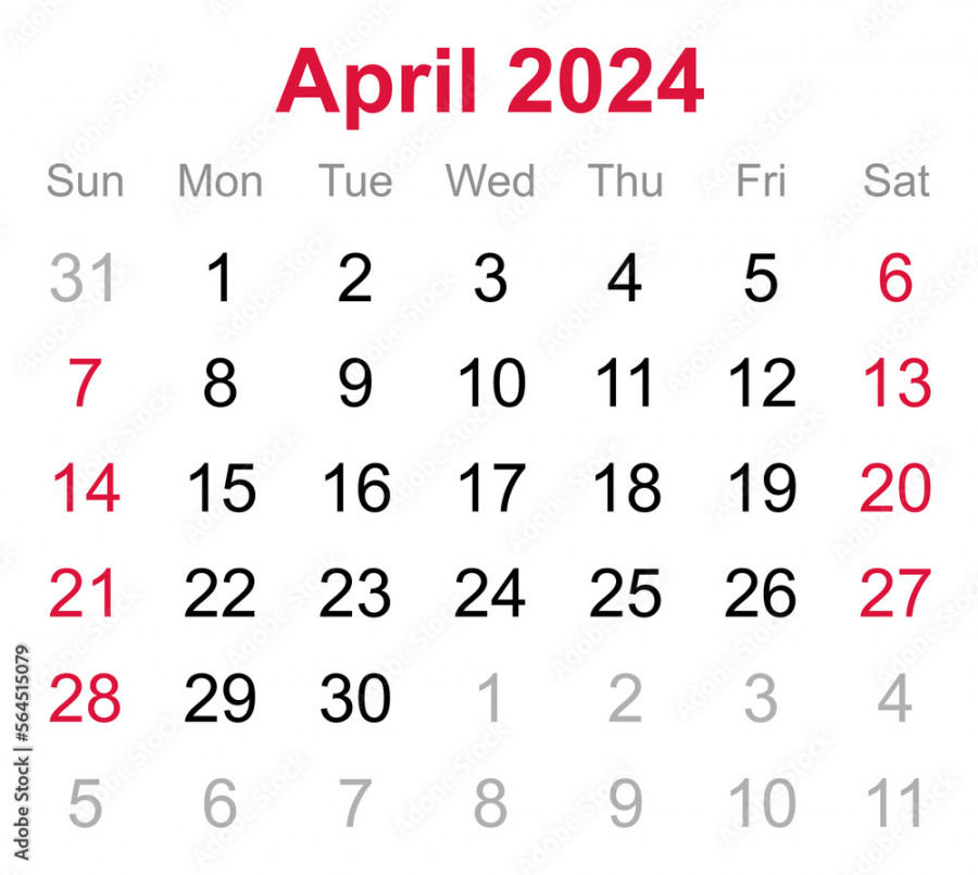 Monthly calendar of April on transparent background Stock