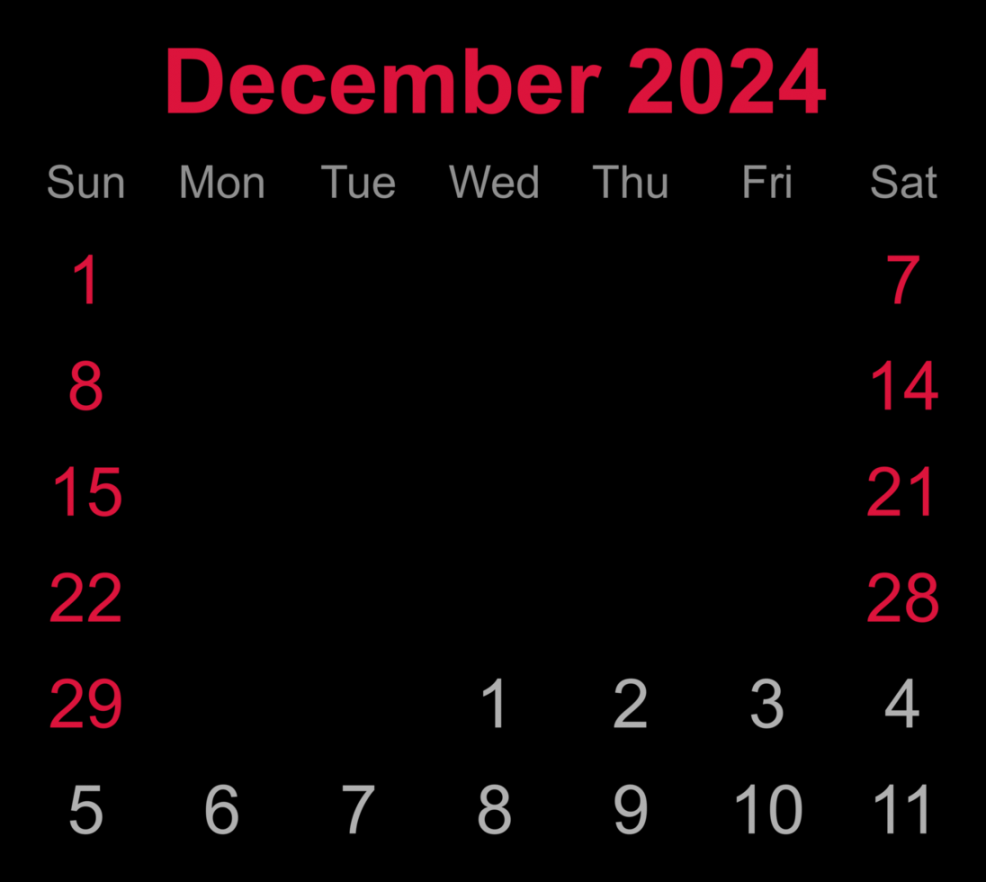 Monthly calendar of December on transparent background