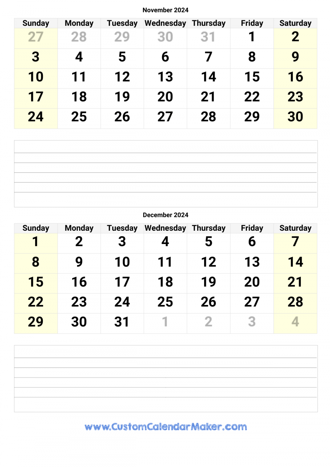 November and December Printable Calendar Template