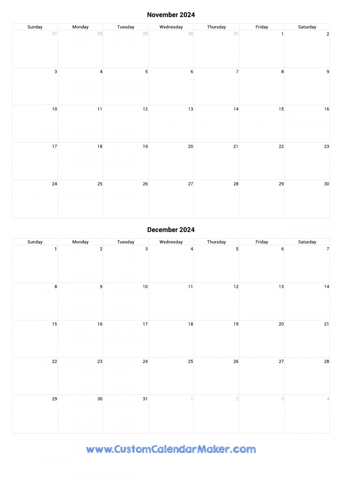 November and December Printable Calendar Template