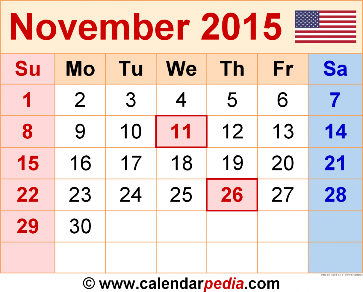 November Calendar Templates for Word, Excel and PDF