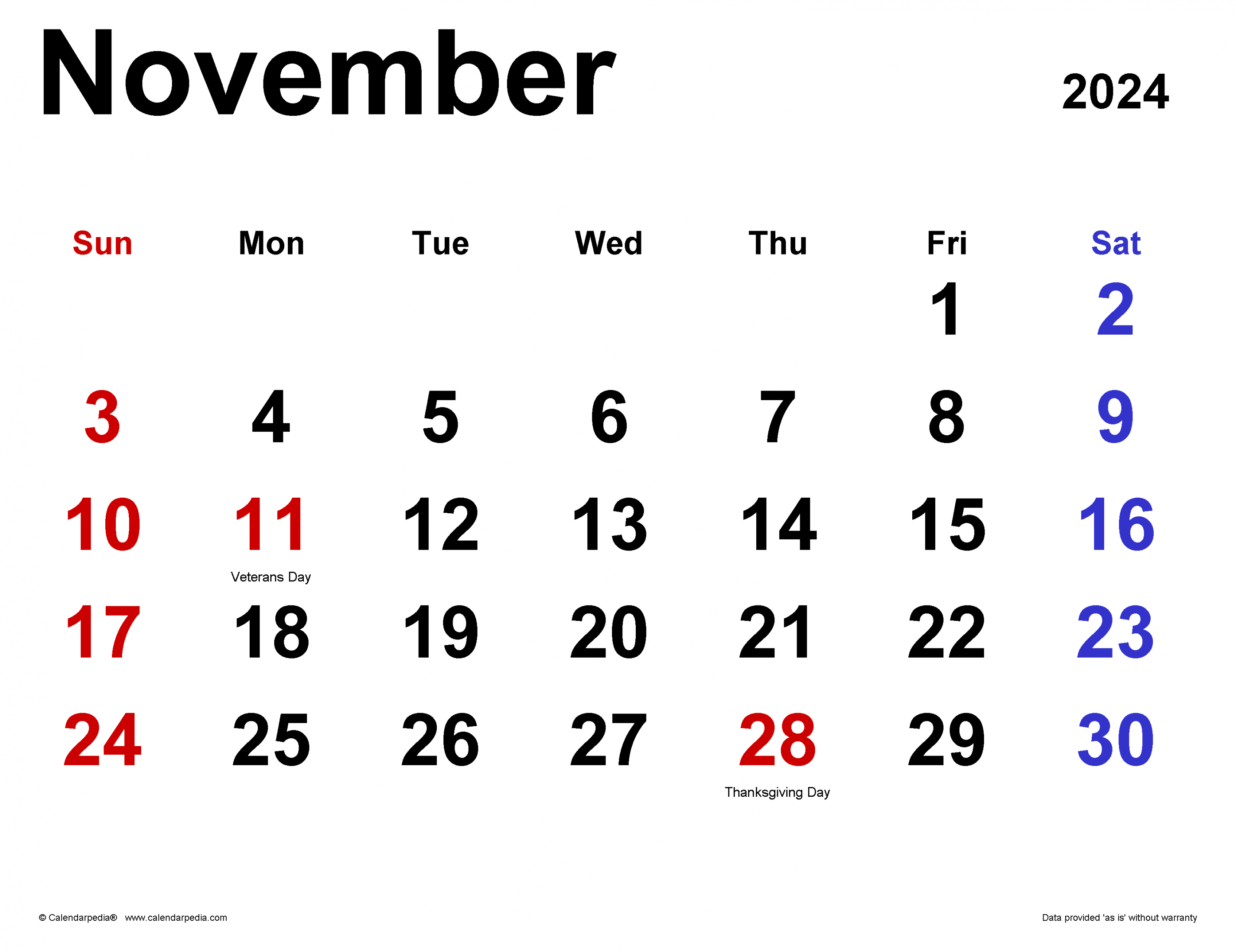 November Calendar Templates for Word, Excel and PDF