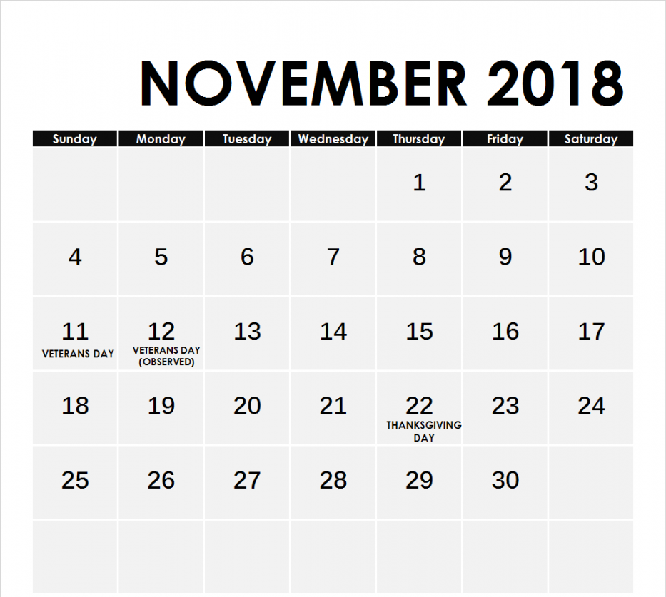 November Calendar With Holidays List by Printable Calendar