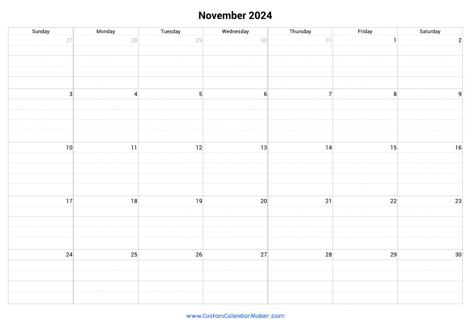 November Fillable Calendar Grid With Lines