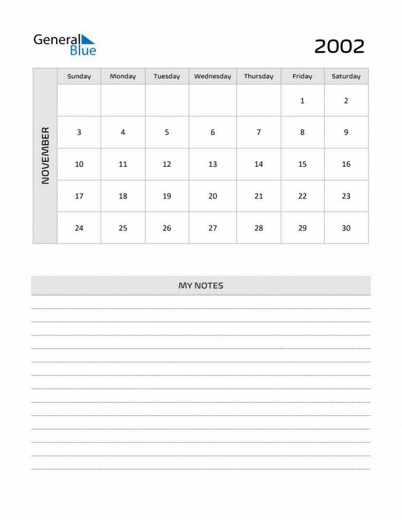 November Printable Monthly Calendar with Notes