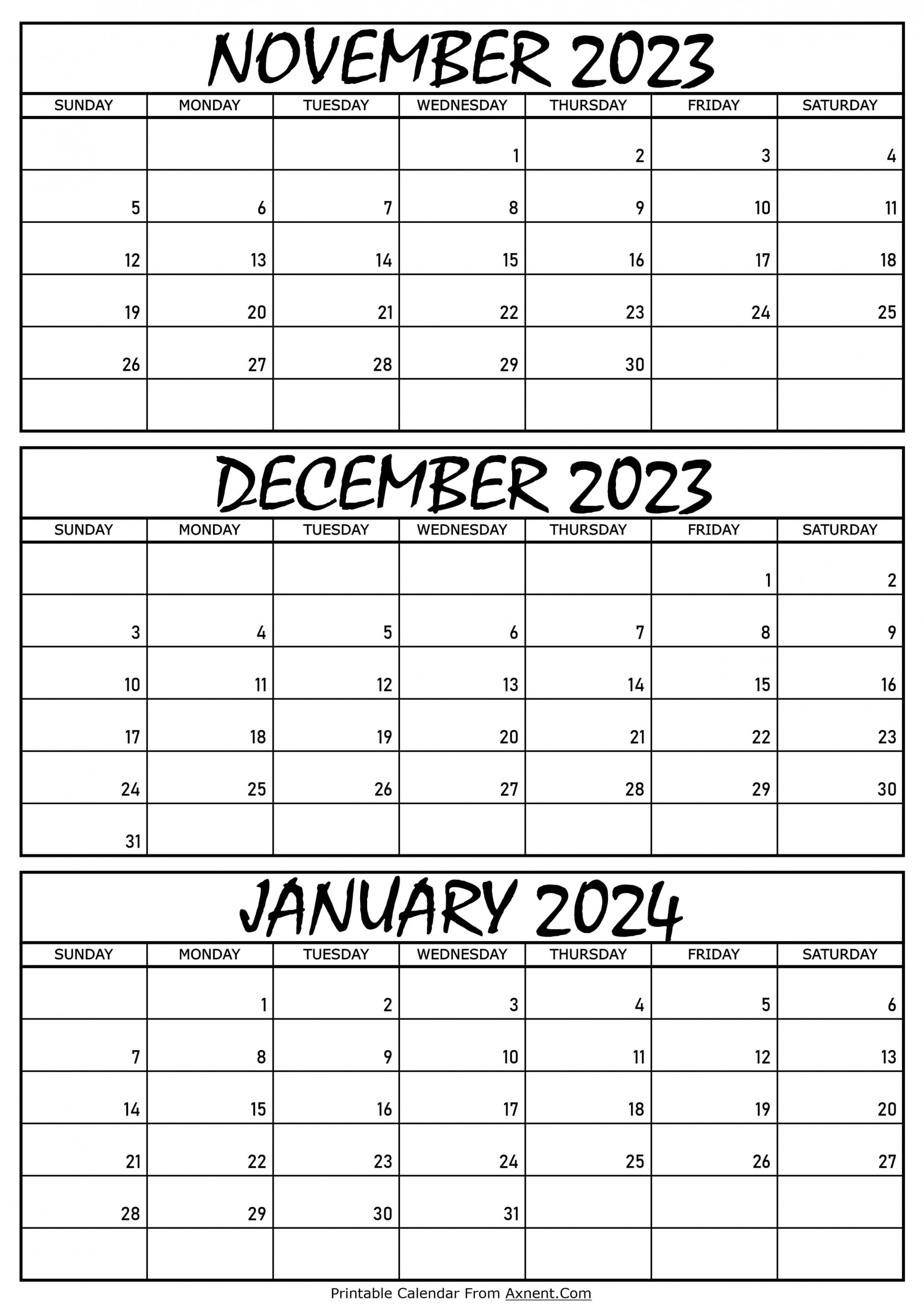 November To January Calendar Templates Three Months