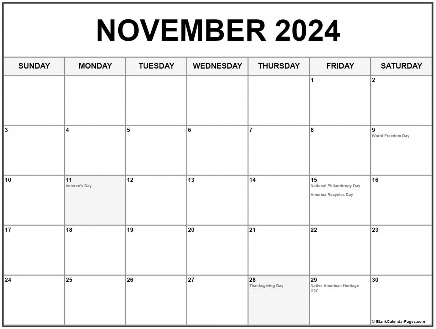 November with holidays calendar