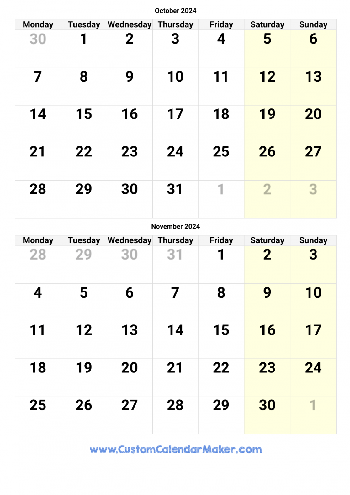 October and November Printable Calendar Template