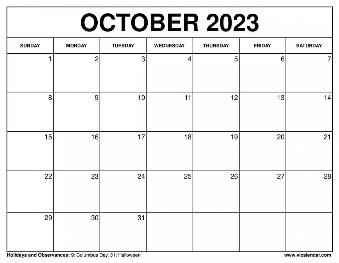 October Calendar Printable Templates with Holidays