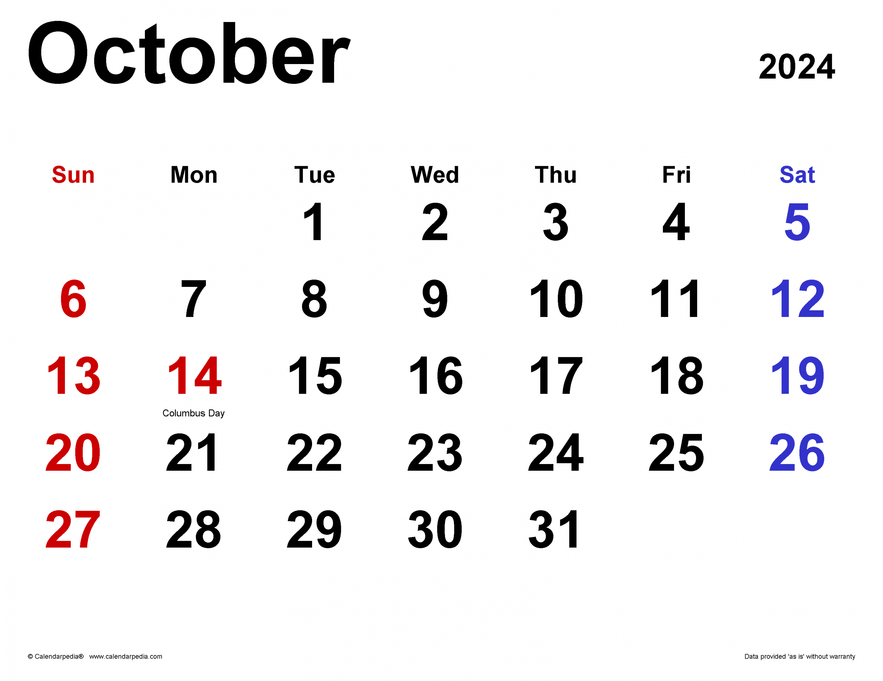 October Calendar Templates for Word, Excel and PDF