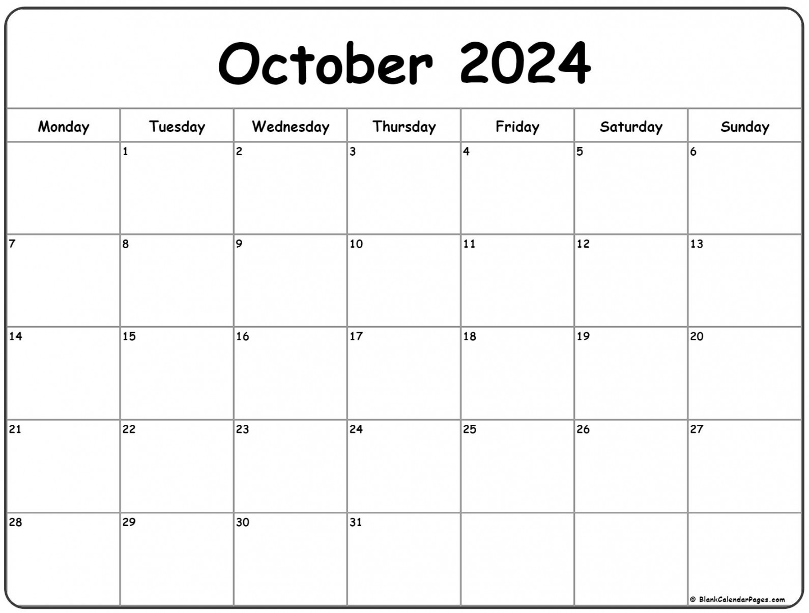 October Monday Calendar Monday to Sunday