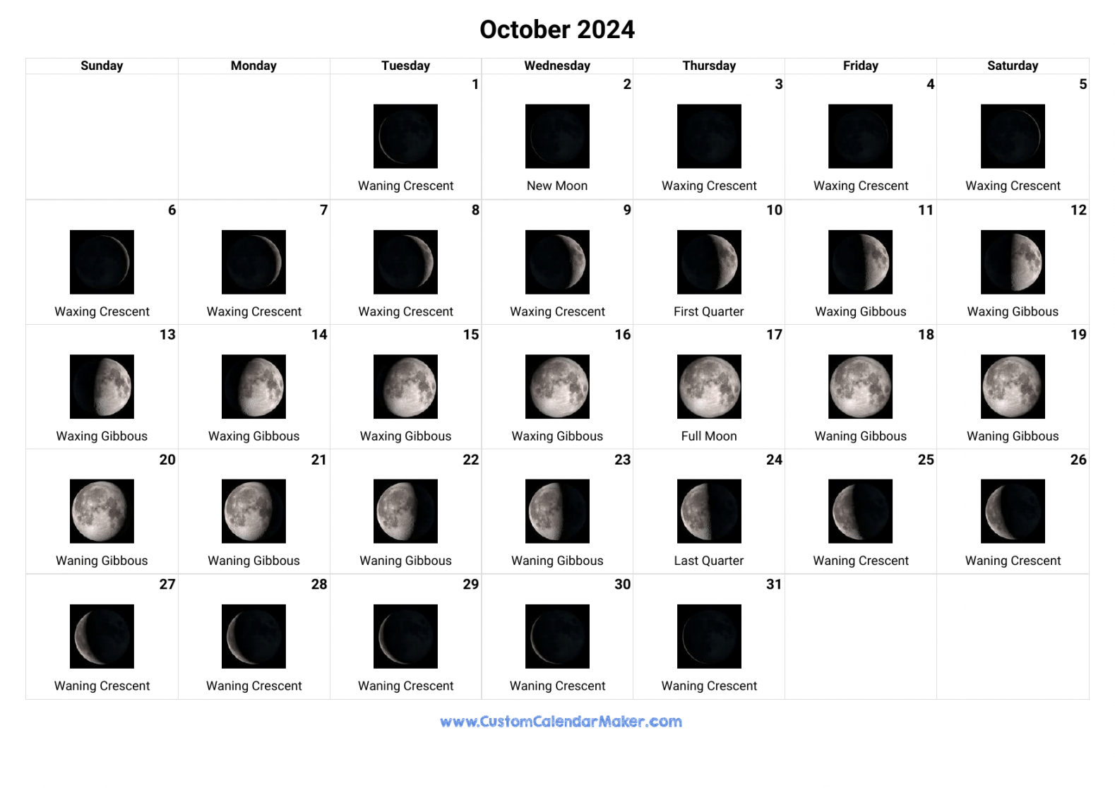 October Moon Phases Calendar