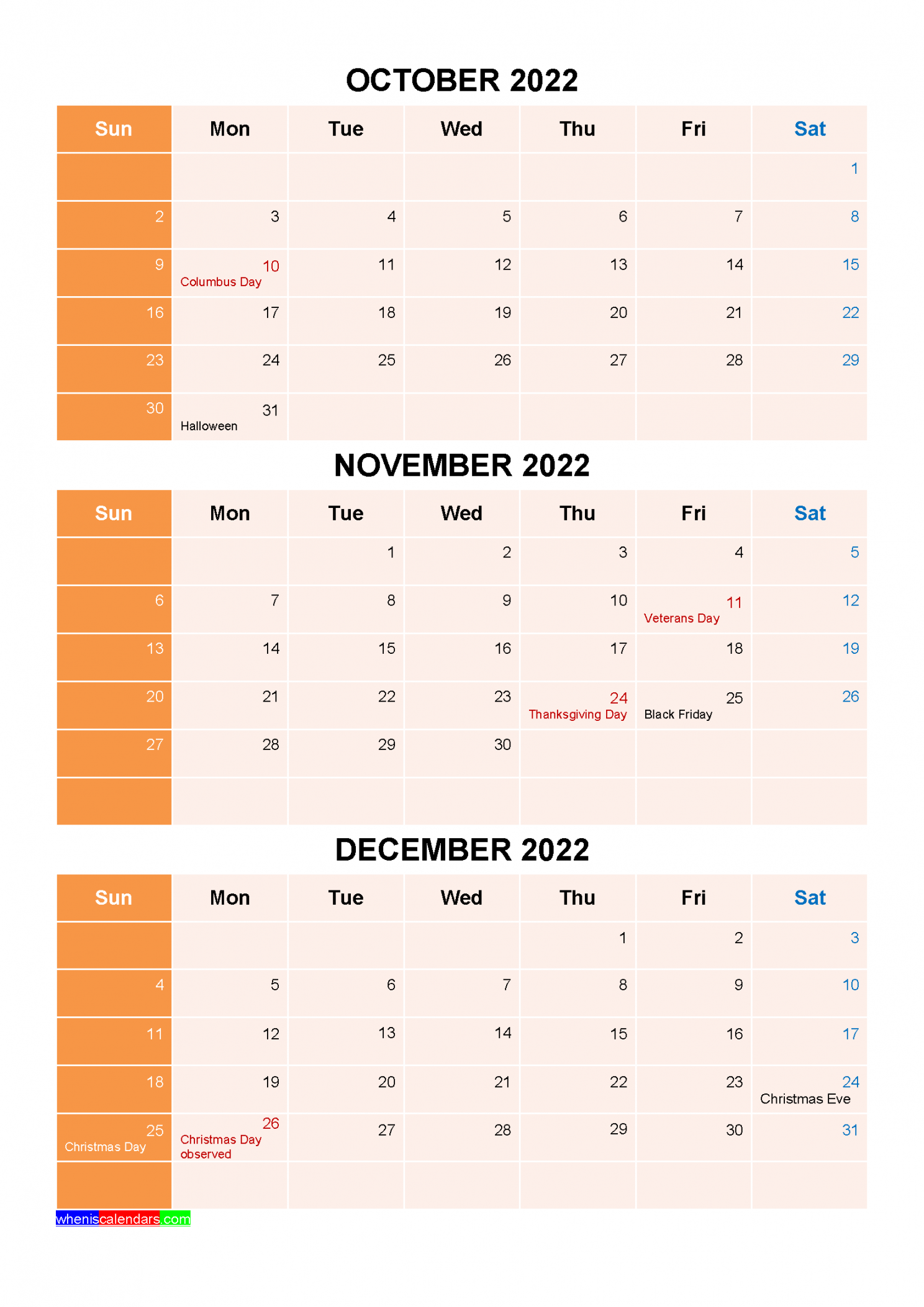 October November December Calendar with Holidays [Four