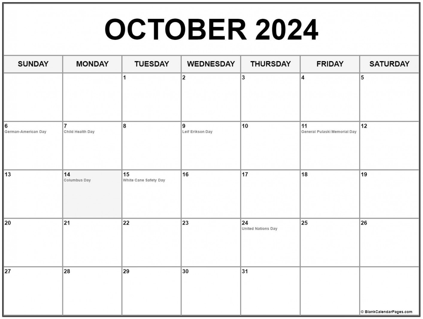 October with holidays calendar