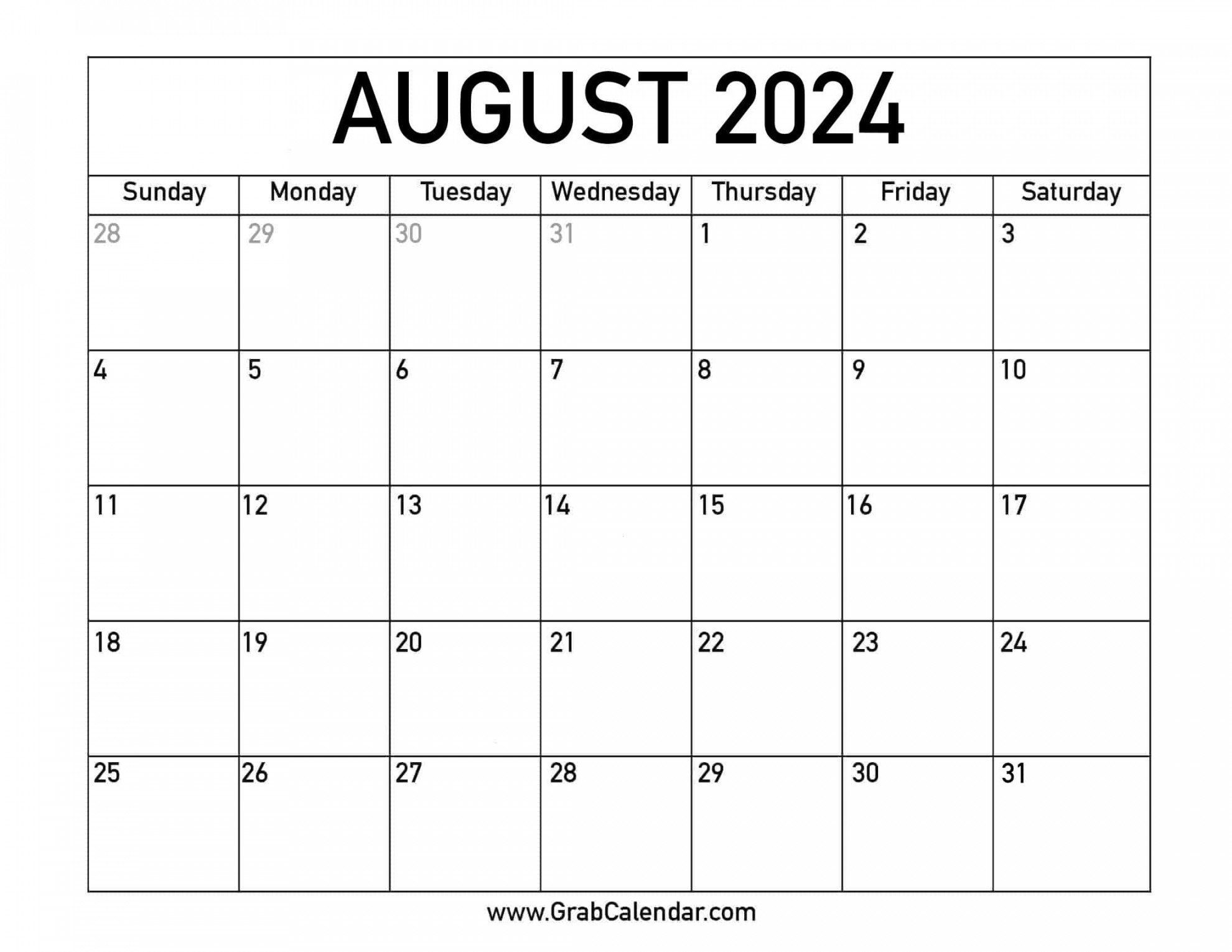 Printable August Calendar
