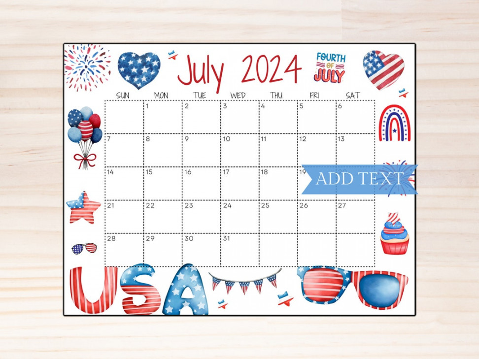Printable Fourth of July Calendar, Editable Summer Calendar With American Flag, Monthly Calendar, Fillable Calendar, July Planner Etsy Israel