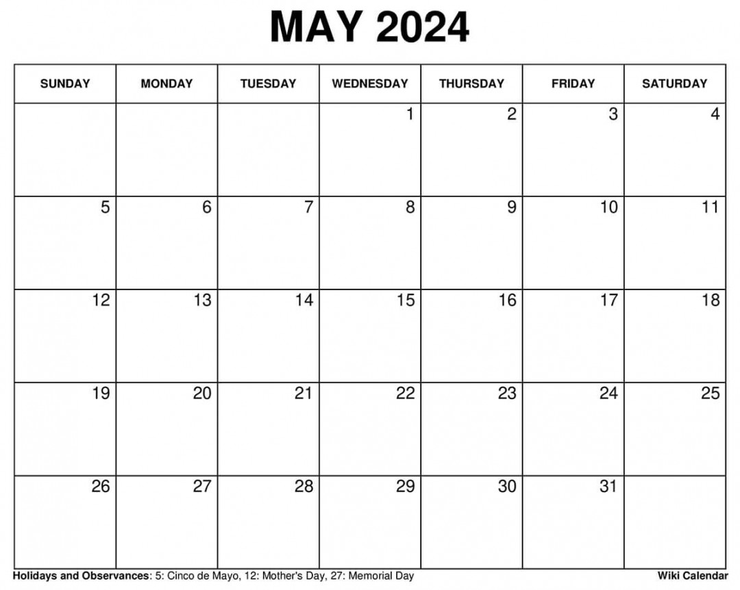 Printable May Calendar Templates With Holidays