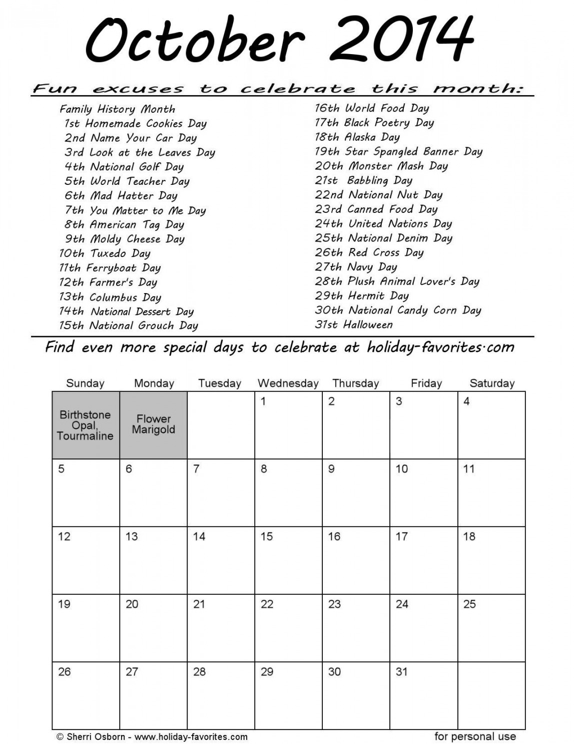 Printable October Calendars Holiday Favorites Calendar