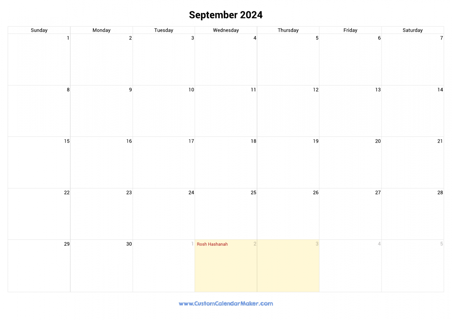 September Jewish Calendar with Hebrew Holidays