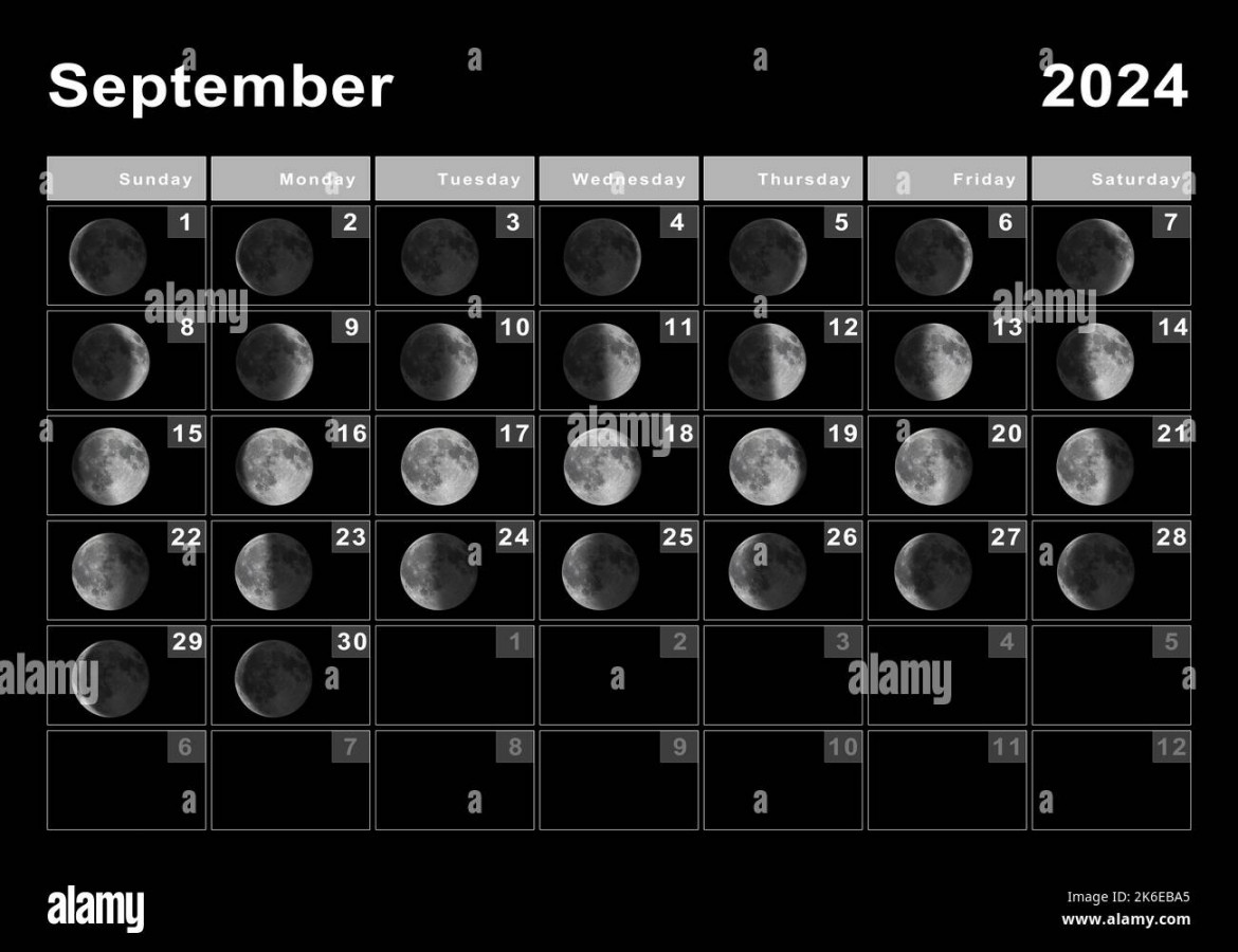 September Lunar calendar, Moon cycles, Moon Phases Stock
