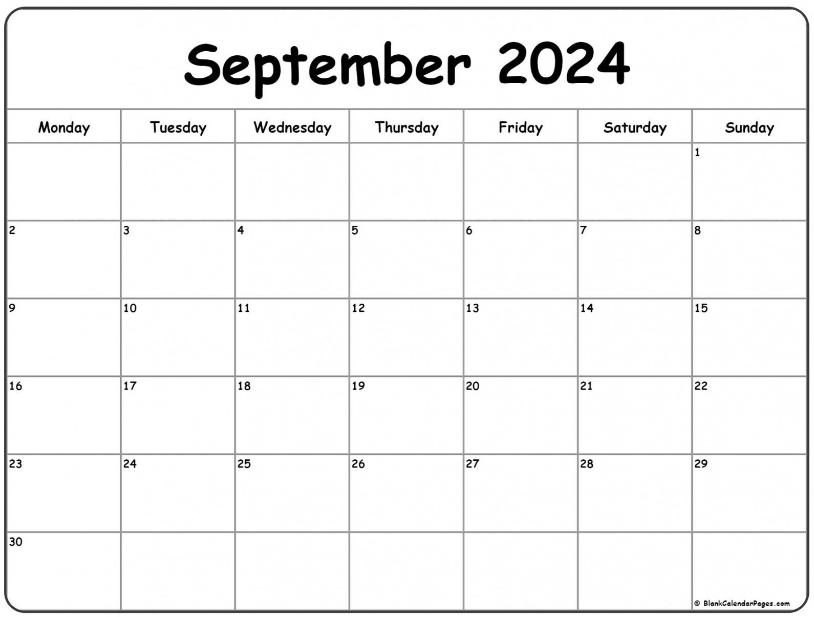 September Monday Calendar Monday to Sunday