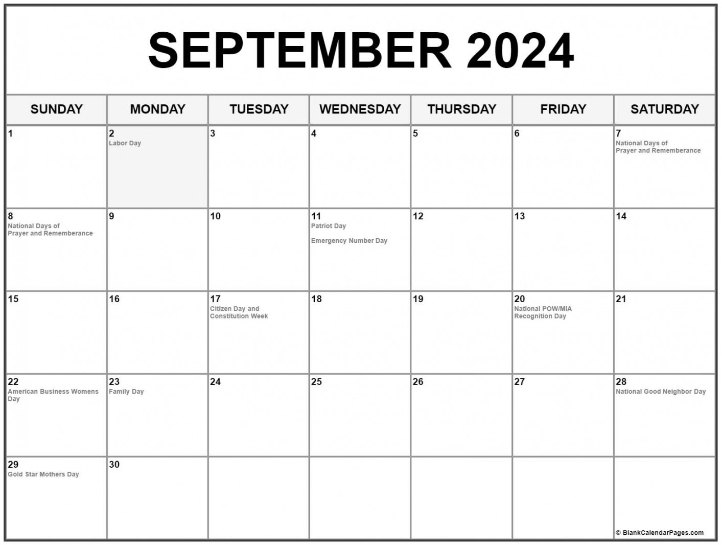 September with holidays calendar